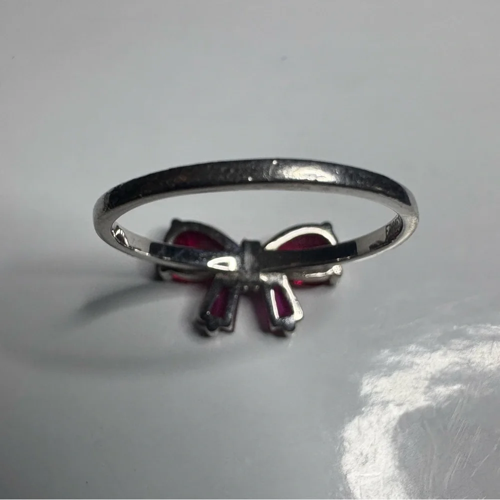 Red Ribbon Bow Ring Sterling Silver Ruby & Pave CZs - Picture 5 of 7
